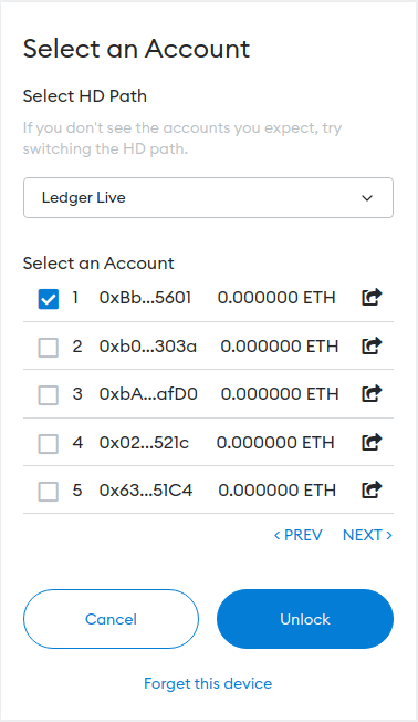 Select accounts that you want to connect and click Unlock